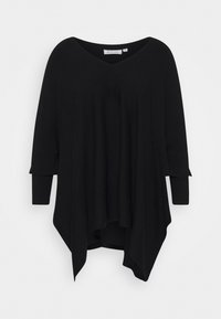 Pullover nero oversize con scollo a V, maniche ¾ e silhouette fluida. Presenta dettagli a coste alle estremità delle maniche e all'orlo.
