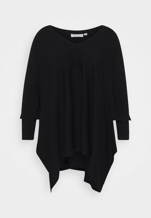 Zwarte, oversized pullover met een v-hals, �¾ mouwen en een vloeiende silhouet. Bevat ribbenaccenten bij de uiteinden van de mouwen en de zoom.