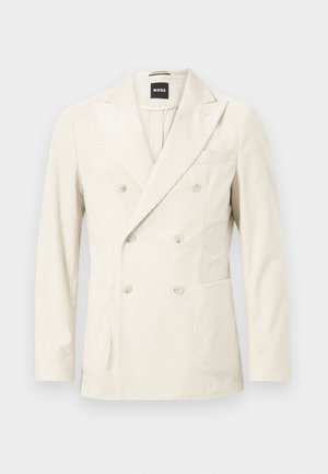 Double-breasted cream corduroy blazer with peak lapels, six buttons, front patch pockets, and a chest welt pocket by BOSS.