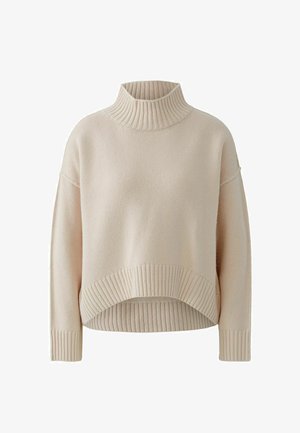 Hellbeige Rollkragenpullover mit cropped Design, geripptem Kragen und Saum sowie locker sitzenden Ärmeln. Hergestellt aus einem strukturierten Strickmaterial.