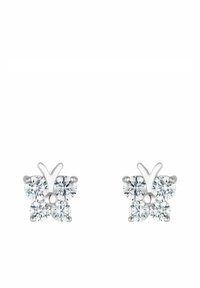Pendientes de stud en forma de mariposa, hechos de plata, con cuatro piedras redondas transparentes y una esfera central de plata, mostrando un acabado pulido.
