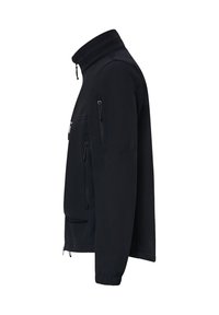 Black softshell jacket with a high collar, zippered chest and side pockets, elastic cuffs, and a smooth texture.