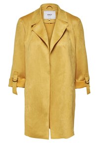 Yellow suede long coat with wide lapels, three-quarter sleeves, and adjustable buckle straps on cuffs.