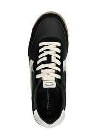 Black sneaker with a smooth textured upper, white accents, and round laces. Features a cushioned insole and a rubber sole. Size label visible.
