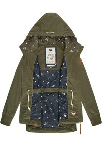 Olivgrüne Kapuzenjacke mit einem Innenfutter mit Blumenmuster. Verfügt über eine Innentasche und verstellbare Kordelzüge. Gerippte Bündchen und Saum.