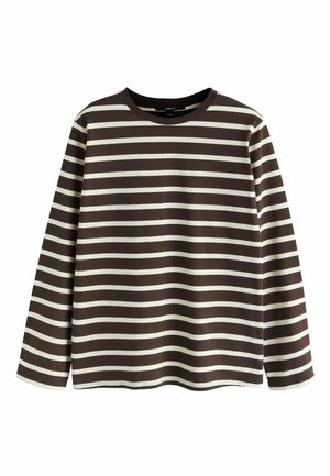 Langærmet brun og hvid stribet trøje med rund hals, lavet af blødt stof, lagt fladt på en hvid baggrund.