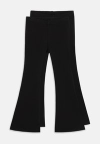 Zwarte geribbelde flared leggings met een elastische tailleband, met een gladde textuur en een aansluitende pasvorm die uitloopt bij de zoom.