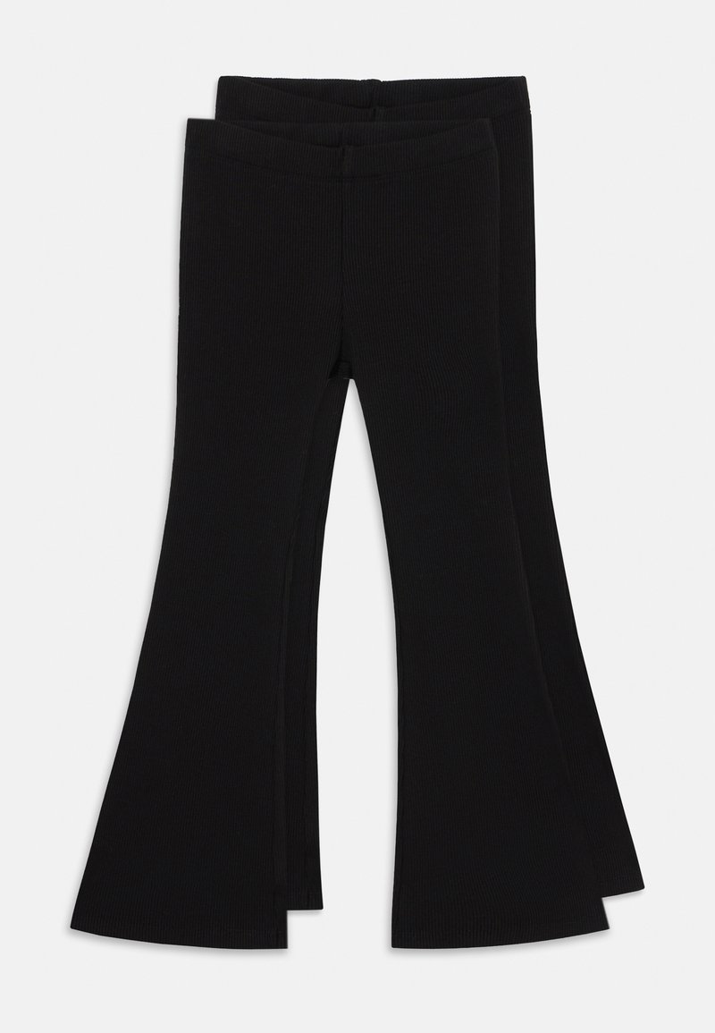 Zwarte geribbelde flared leggings met een elastische tailleband, met een gladde textuur en een aansluitende pasvorm die uitloopt bij de zoom.