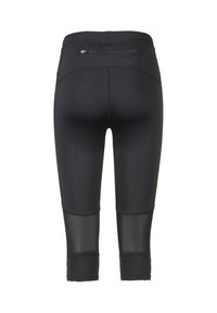 Leggings capri neri con una texture liscia, dotati di un pannello in rete sulla parte inferiore delle gambe e di una tasca con zip sicura sulla vita posteriore.
