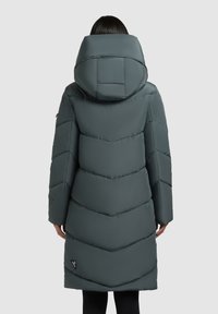 Gray puffer coat with a hood, featuring chevron stitching, a smooth texture, and a distinctive logo near the hem. Back view shown.