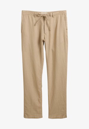 Beige linbukser med snøre i taljen, sidelommer og en afslappet pasform. Stoffet har en subtil tekstur, der er velegnet til afslappet brug.