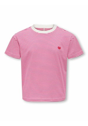 Striped T-shirt in pink and white. Features short sleeves, a round neckline, and a small red heart embroidered on the chest.