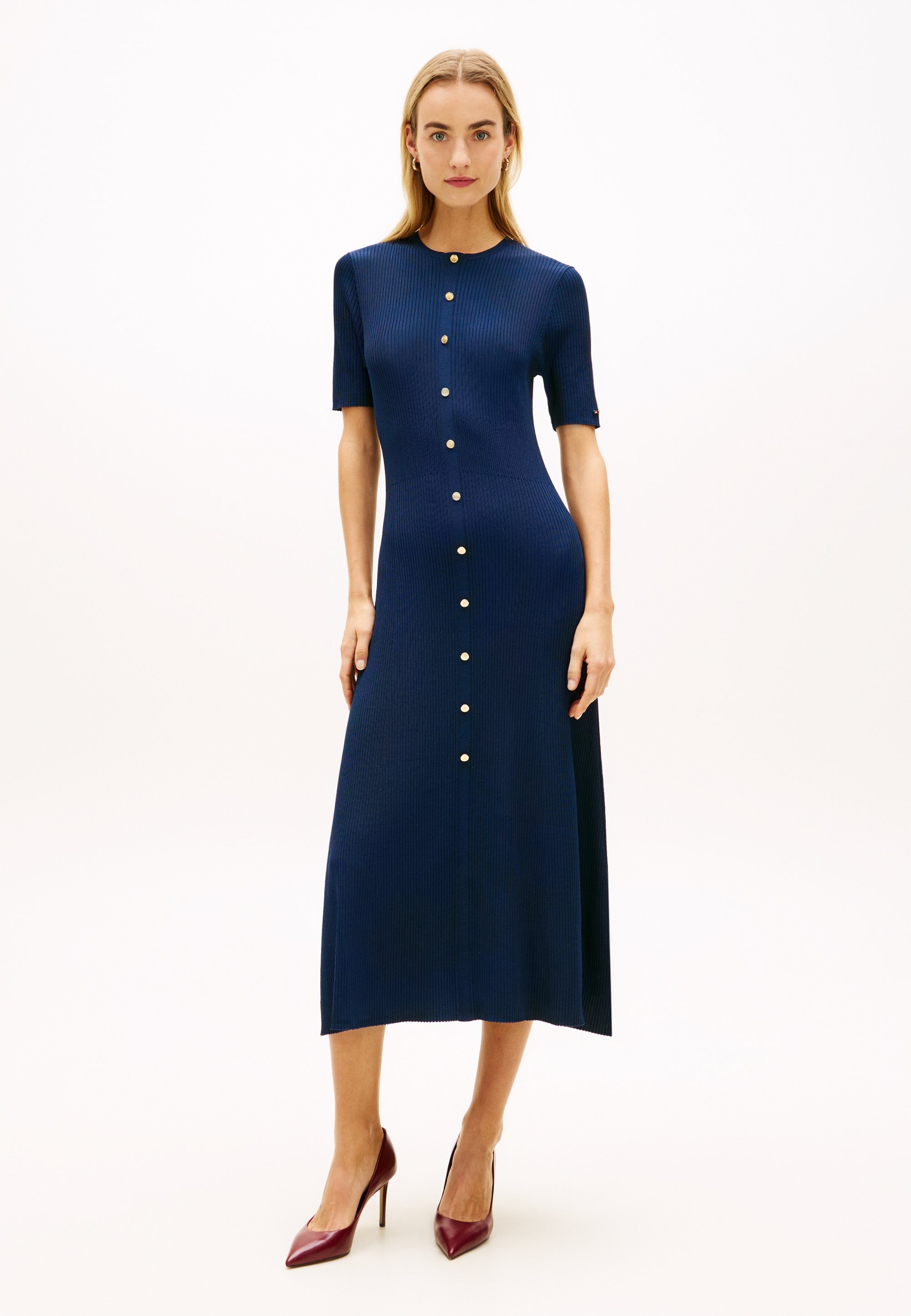 slim fit dress slacks Gina Bacconi Navy Maxene Fit And Flare Midi Dress main image 1