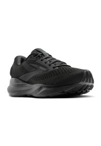 Schwarzer Sportschuh mit einem strukturierten Mesh-Obermaterial, gepolstertem Kragen und dicker, gepolsterter Sohle; verfügt über ein Logo und ein Design für seitliche Unterstützung.