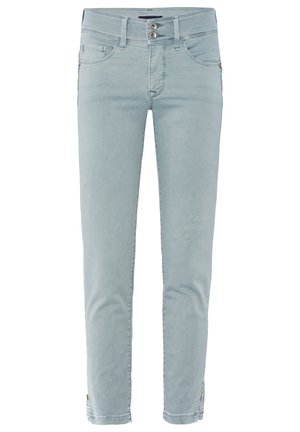 Jasnoniebieskie jeansy o dopasowanym kroju, z kieszeniami z przodu i z tyłu, podwójnym zapięciem na guziki oraz suwakami przy kostkach.