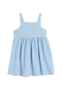 Robe rayée bleue et blanche avec des fines bretelles, un corsage ajusté et une jupe évasée. Fabriquée en tissu léger avec une finition texturée.