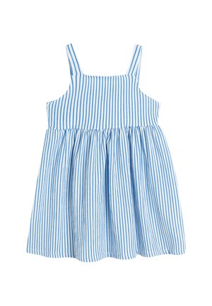 Blauw-wit gestreepte jurk met dunne schouderbandjes, aansluitende bodice en uitlopende rok. Gemaakt van lichte stof met een gestructureerde afwerking.