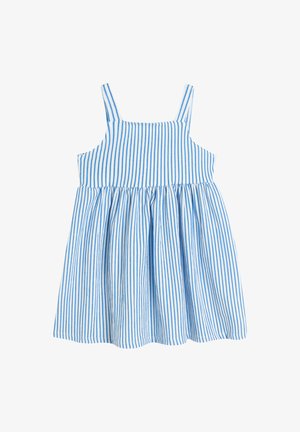 Blauw-wit gestreepte jurk met dunne schouderbandjes, aansluitende bodice en uitlopende rok. Gemaakt van lichte stof met een gestructureerde afwerking.
