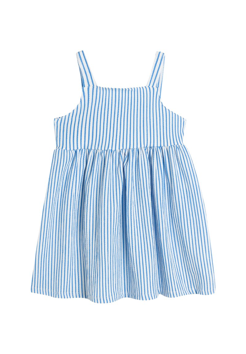 Robe rayée bleue et blanche avec des fines bretelles, un corsage ajusté et une jupe évasée. Fabriquée en tissu léger avec une finition texturée.