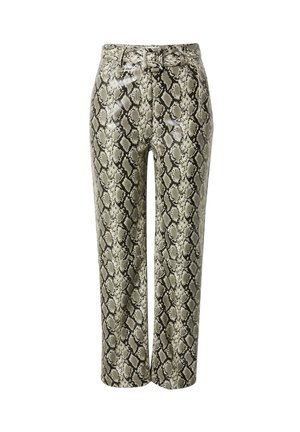 Slangenprintbroek van glanzende stof, met een hoge taille en een riemlus. Kleuren zijn onder andere tinten beige, zwart en wit.