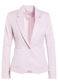 Svetle fialový přizpůsobený blazer s klopovým límcem, dvěma předními kapsami a zapínáním na jeden knoflík. Hladká tkanina a čisté linie.