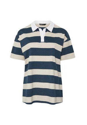 Polo rayé en bleu marine et beige ; manches courtes, col blanc et coupe décontractée. Matière en coton avec une texture lisse.