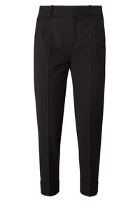 Černé tailored kalhoty s přímočarým střihem, se záhyby na přední straně, hladkou strukturou a manžetami na nohavicích. Žádné viditelné kapsy.