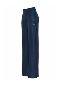 Marineblaue Hosen mit weitem Bein und hohem Bund, aus einem weichen, glatten Stoff gefertigt. Verfügen über eine Seitentasche und dezentes Logodetail.