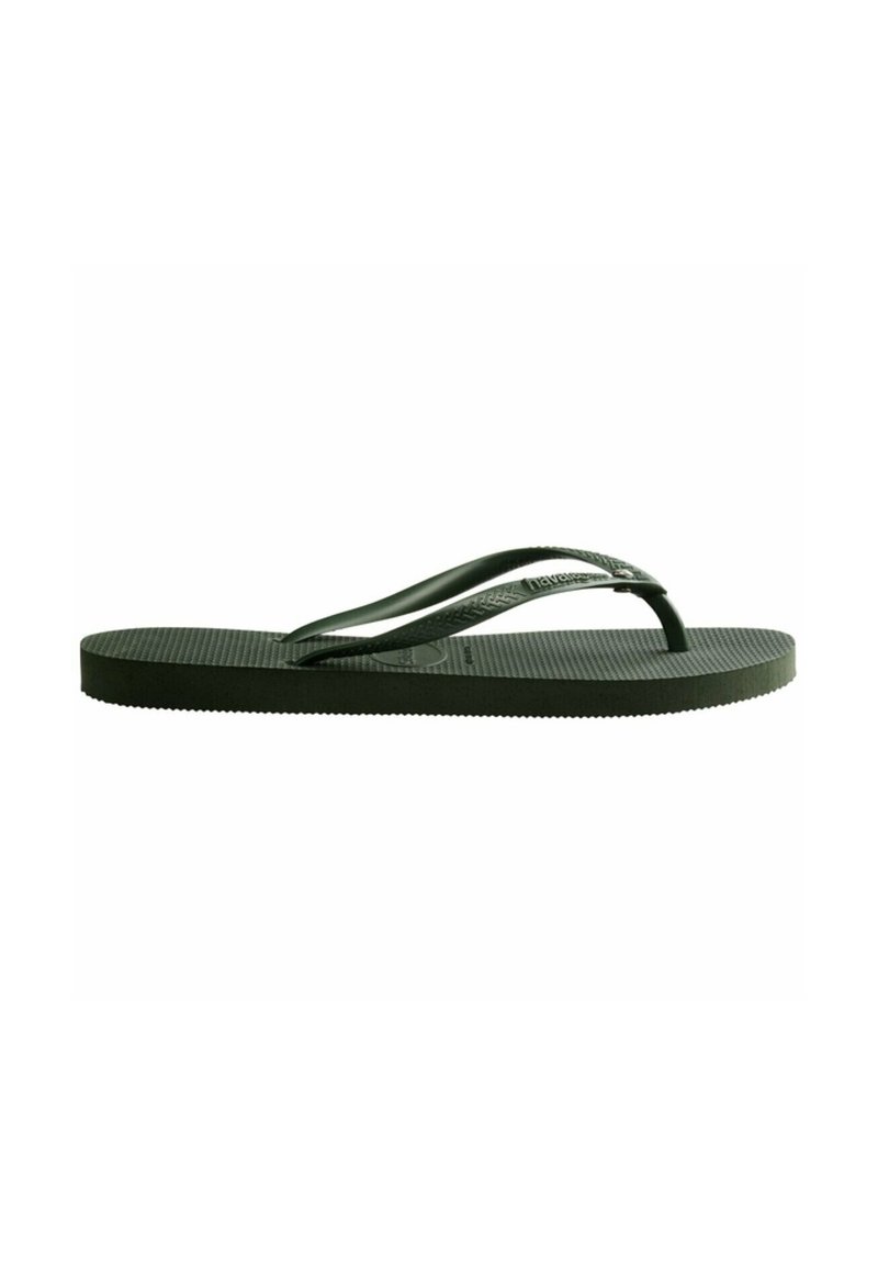 Green rubber flip-flop with thin straps and a textured footbed, featuring a slight curve at the toe post for comfort and grip.