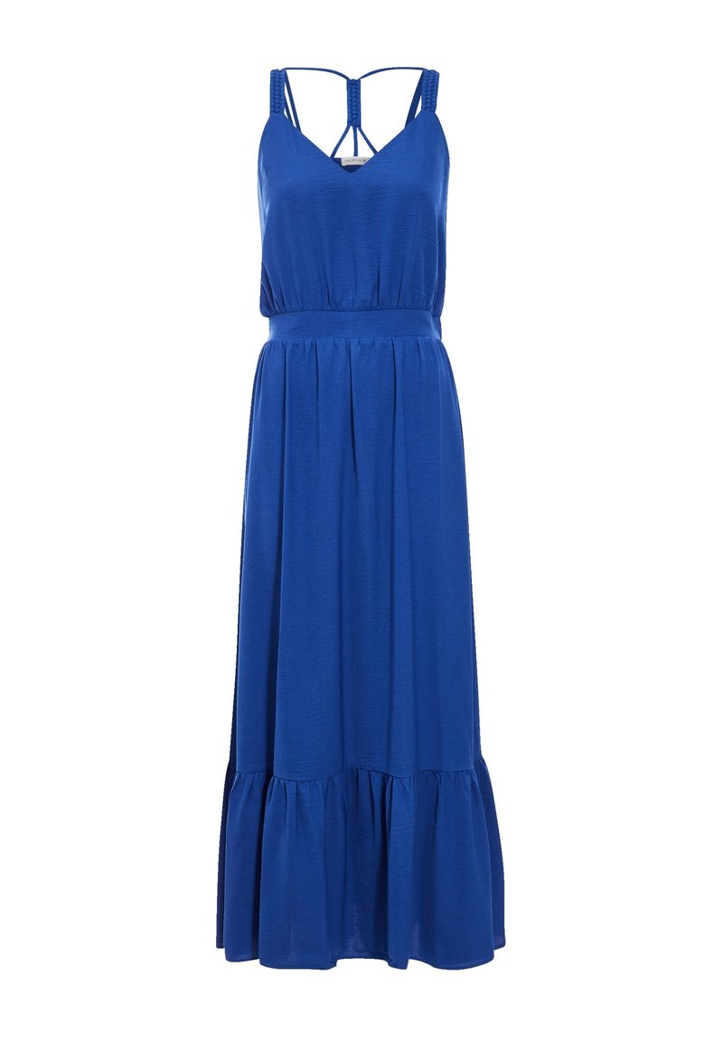 Robe maxi bleue avec un design sans manches, présentant des bretelles fines et une taille froncée. Bas évasé avec un ourlet volanté pour une texture ajoutée.