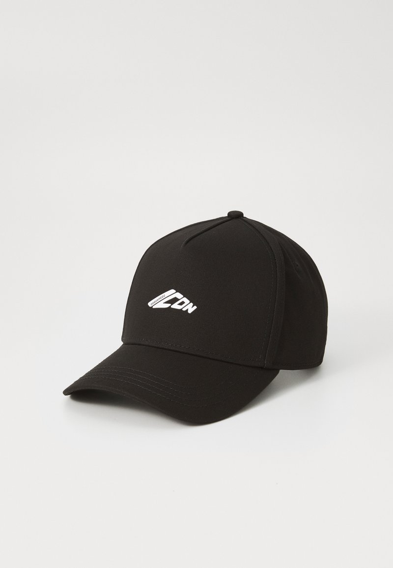 Black baseball cap with a curved visor, made of textured fabric. Features a white logo on the front and a structured crown with six panels.