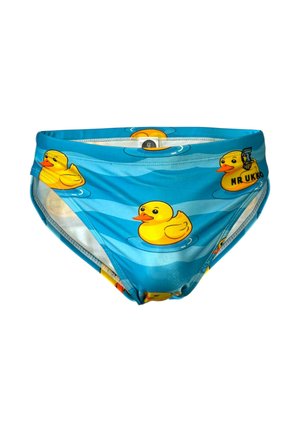 Blaue Badehose mit mehreren gelben Gummienten, die auf dem Wasser schwimmen, wobei eine Ente eine Pfeife mit der Aufschrift "MRUKKO" hält.