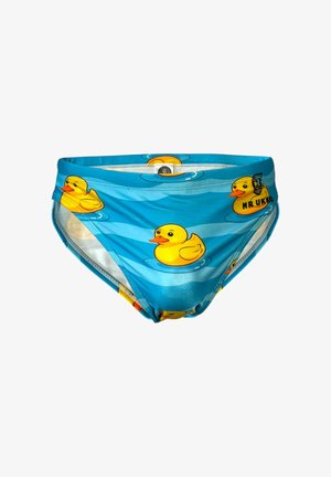 Blaue Badehose mit mehreren gelben Gummienten, die auf dem Wasser schwimmen, wobei eine Ente eine Pfeife mit der Aufschrift "MRUKKO" hält.