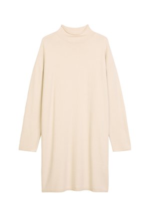 Beige coltrui jurk met lange mouwen, gemaakt van een zachte stof. Heeft een relaxte pasvorm en een rechte onderzoom, geschikt voor casual kleding.