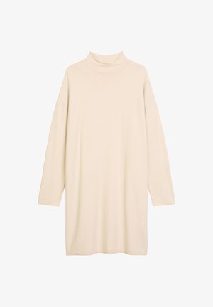 Robe beige à col roulé, avec de longues manches, fabriquée à partir d'un tissu doux. Présente une coupe décontractée et un ourlet droit, adaptée à une tenue décontractée.