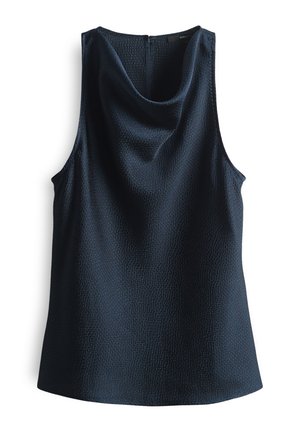 Navy sleeveless top with textured fabric, rounded neckline, and a back zip closure. Smooth drape and loose fit enhance comfort.