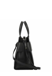 Zwarte leren handtas met een gestructureerd ontwerp, een gladde textuur, dubbele bovenhandvatten en een afneembare schouderriem. Bevat een accentvak.