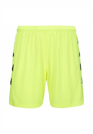 Pantaloncini atletici giallo neon con elastico in vita e motivi del logo neri che corrono verticalmente su ogni lato.
