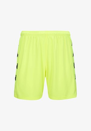 Pantaloncini atletici giallo neon con elastico in vita e motivi del logo neri che corrono verticalmente su ogni lato.