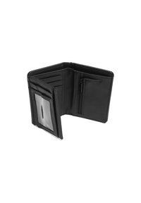 Portafoglio in pelle nera con multiple fessure per carte, una finestra trasparente per l'ID e un compartimento con zip per le monete. Texture liscia e design elegante.