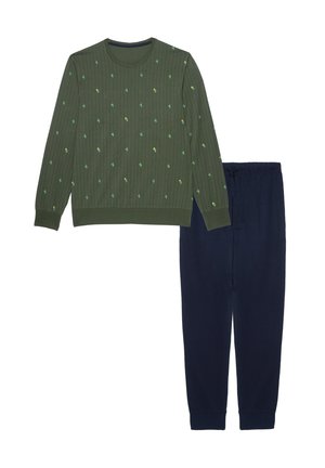 T-shirt à manches longues vert côtelé avec de petits motifs jaunes et verts, associé à un pantalon bleu marine à taille élastique. Les deux sont en tissu doux.