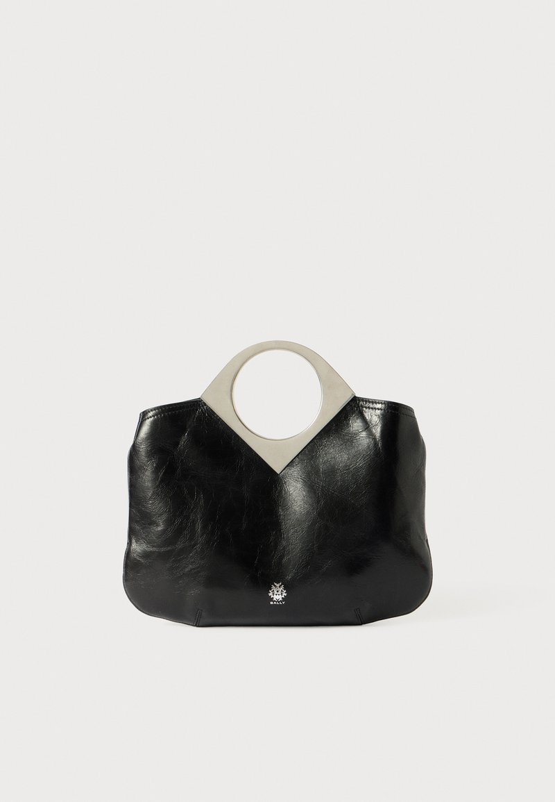 Black leather handbag with a distinctive gray handle and diamond-shaped accent. Features a smooth texture and subtle logo at the bottom.