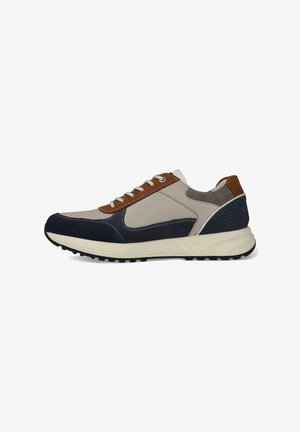 Casual sneaker with beige, navy blue, and brown leather panels, white laces, and a thick white sole with black tread.