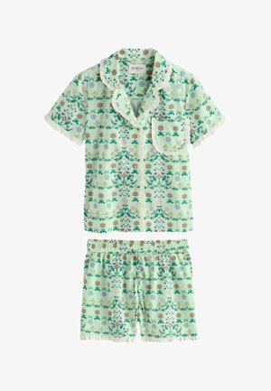 Világoszöld rövid ujjú pizsamaszett virágmintákkal, fodros gallérral és mandzsettákkal, mellkasi zsebbel és gumis derekú rövidnadrággal.