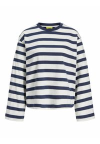 Striped long-sleeve shirt featuring navy and white horizontal stripes, with a relaxed fit and ribbed neckline. Styled for casual wear.
