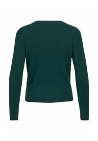 Pull à manches longues en maille côtelée vert foncé vu de dos avec un col rond et un ourlet simple.