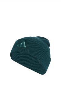 Berretto di maglia color turchese con una trama a costine, caratterizzato da un accento con logo di un turchese più chiaro sul fronte. Design flessibile e morbido.