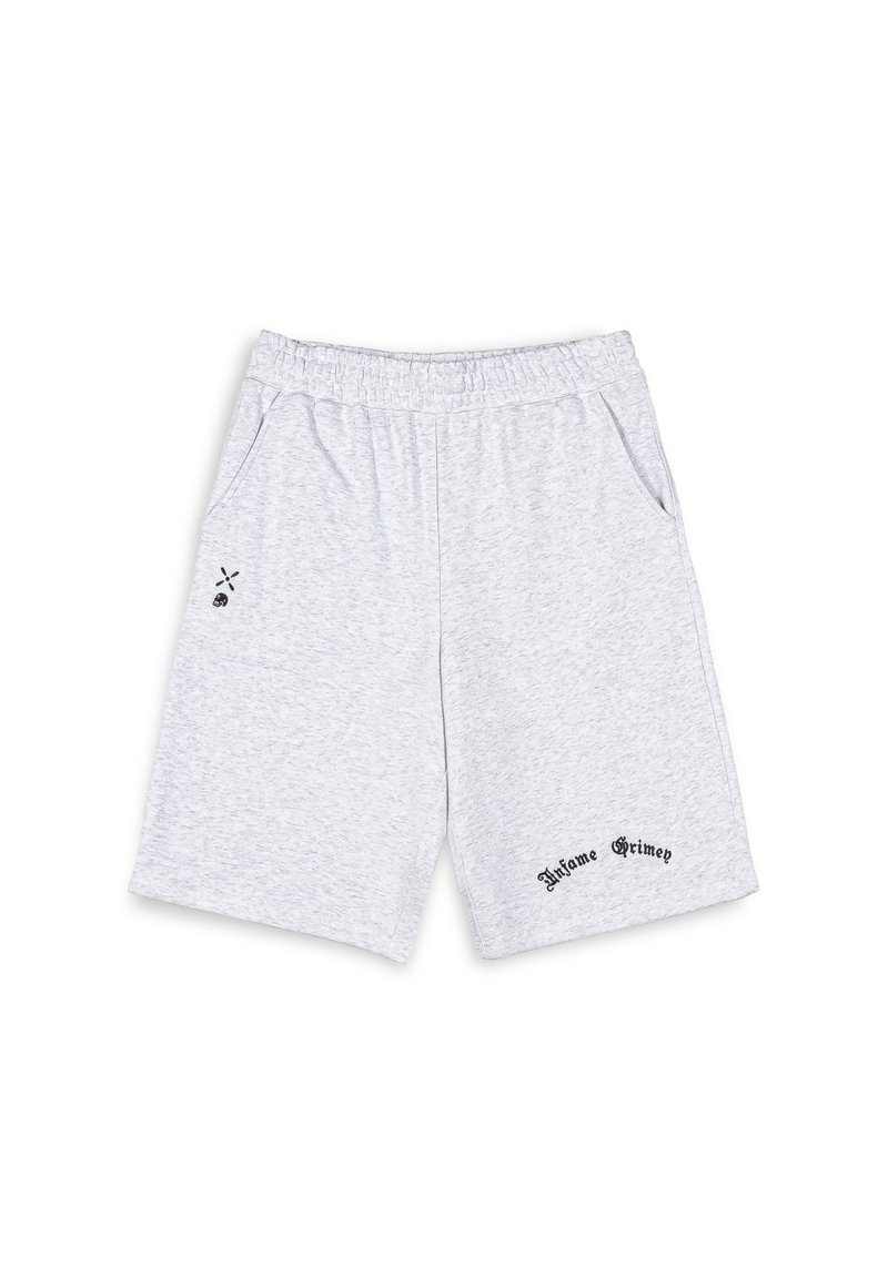 Gray cotton shorts with an elastic waistband, two side pockets, and black graphic text "Insane Grimey" on the lower left leg.
