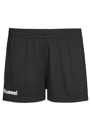 Shorts de sport noirs avec une ceinture élastique et le logo blanc "hummel" sur la partie inférieure de la jambe gauche.