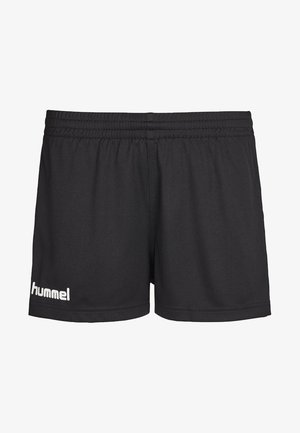 Pantalones cortos deportivos negros con cintura elástica y logo blanco de "hummel" en la parte inferior de la pierna izquierda.